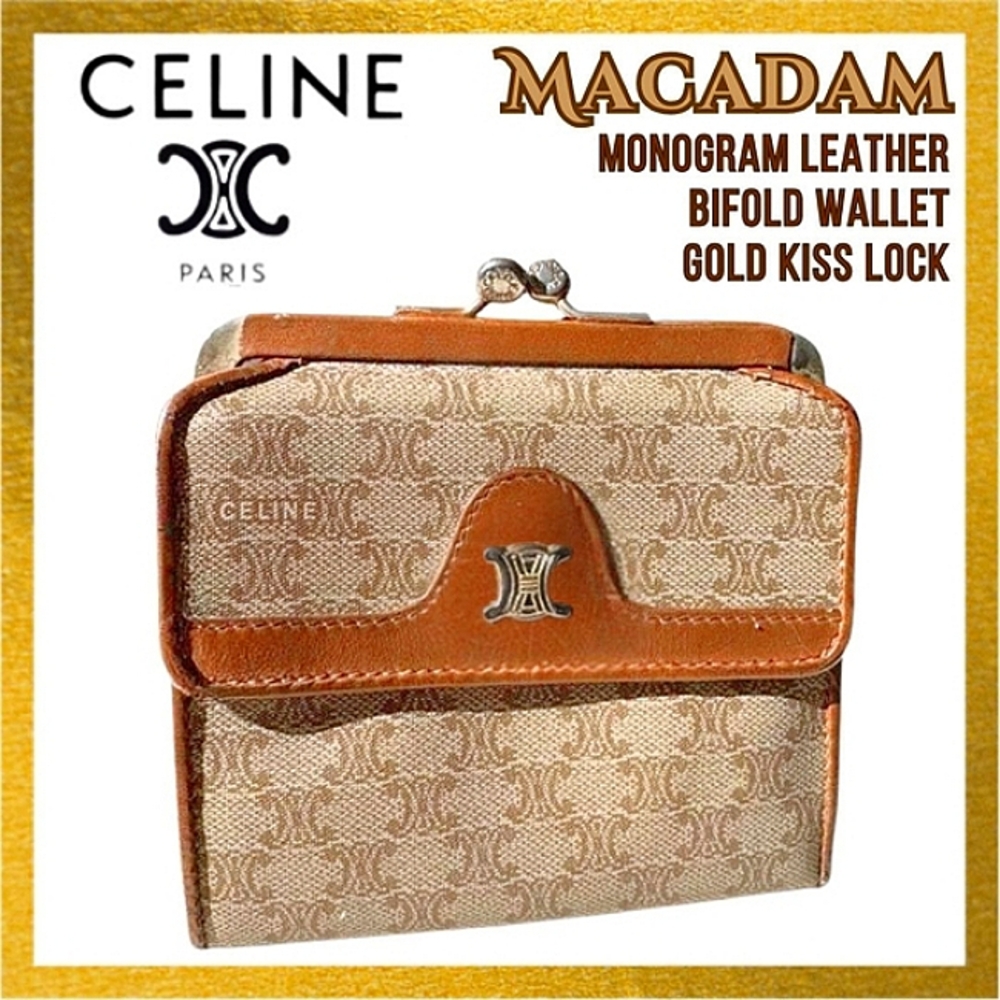 Celine Italy Macadam Leather Monogram Bifold Gold Kiss Lock Wallet